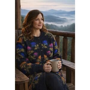 Cape Isle Knitters OS Shetland Wool Gray Cardigan Floral Button Long EUC Cozy